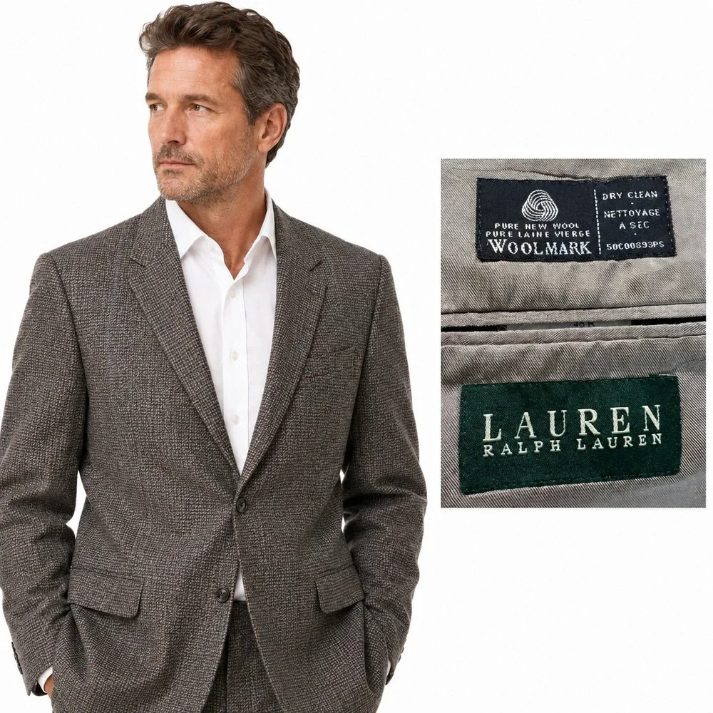 Lauren Ralph Lauren Blazer Mens 40L Brown Wool Windowpane Sport Coat Textured